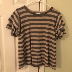 Boutique Shirt with Ruffle Sleeves Size Large; Beige and Black Stripped